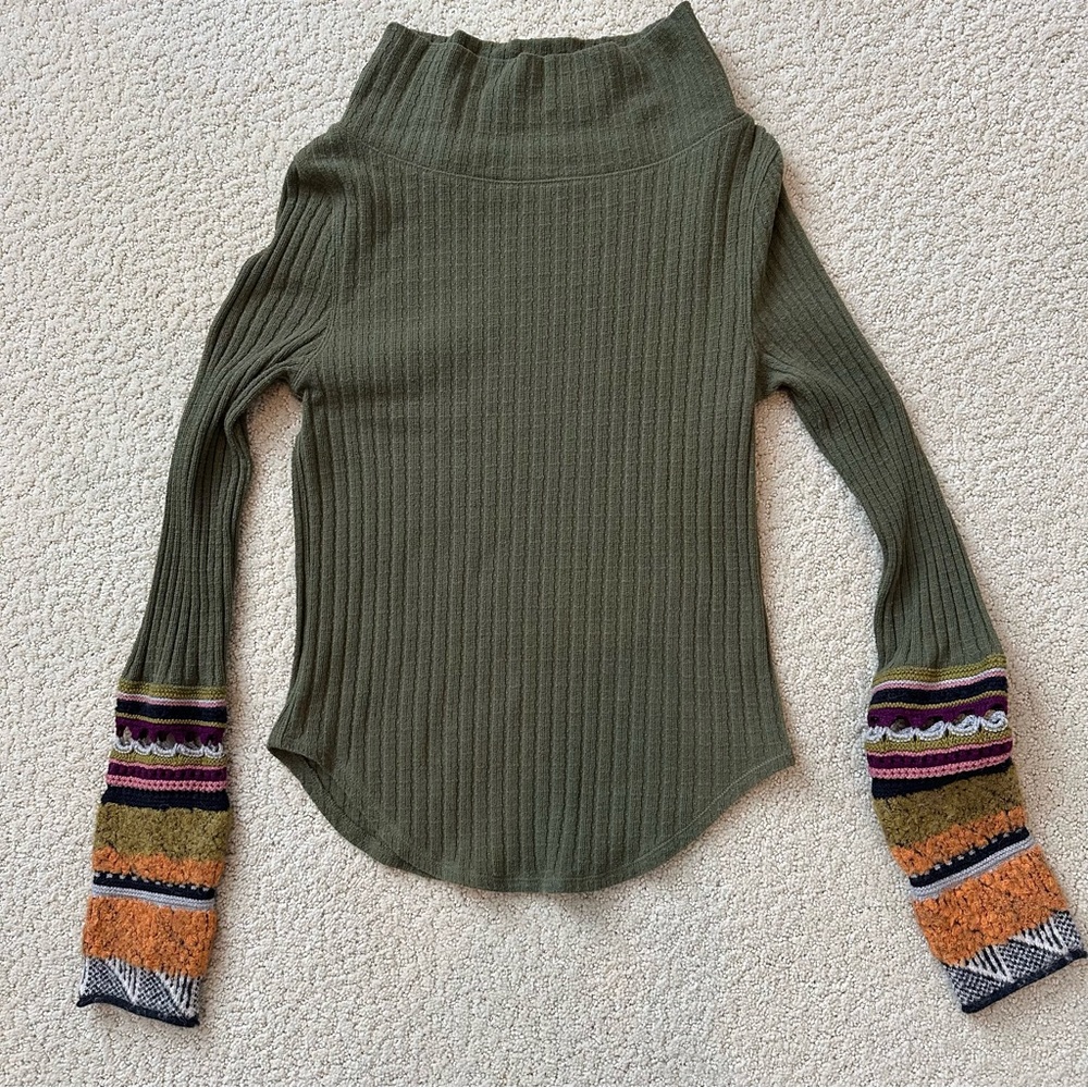 Free People Olive Green Sweater with Colorful Sleeves